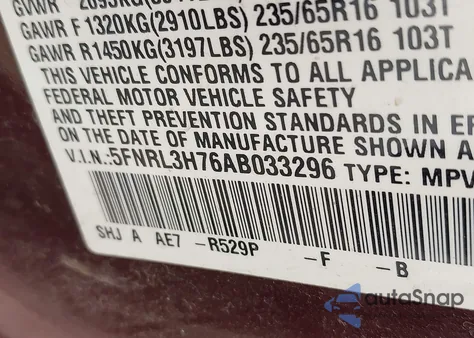 2010 Honda Odyssey Ex-L из США, поврежденный, VIN 5FNRL3H76AB033296